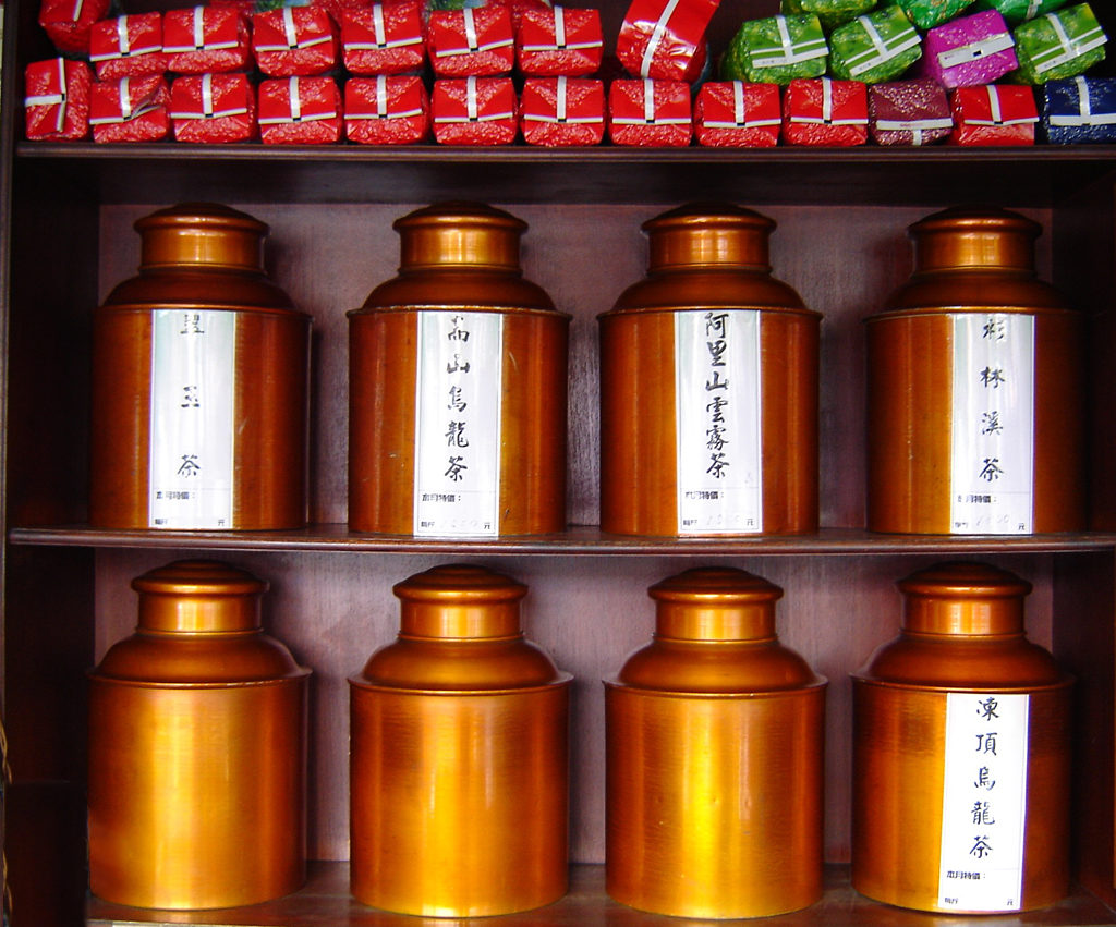 Tea cannisters in tea shop